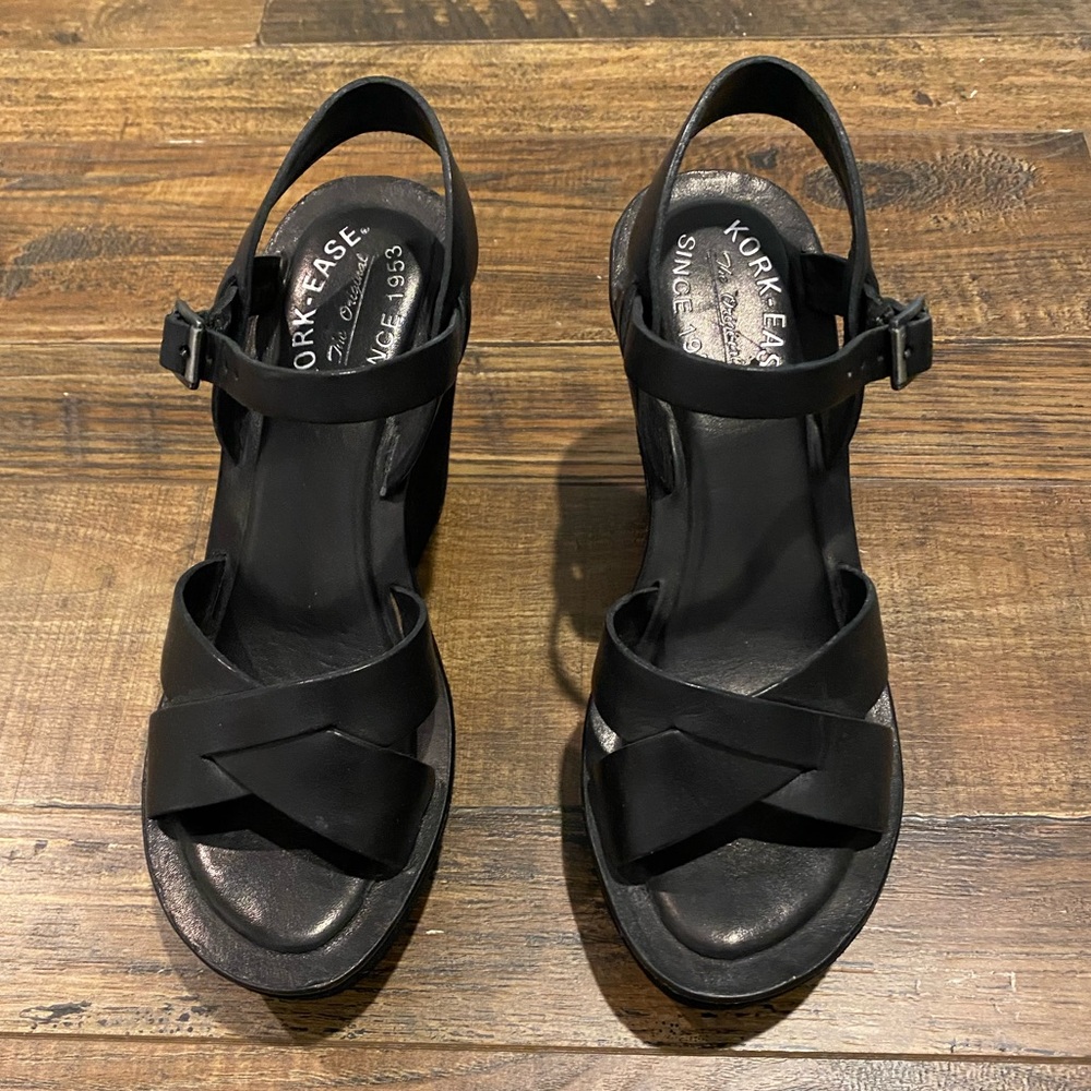 Kork-Ease black leather wedges